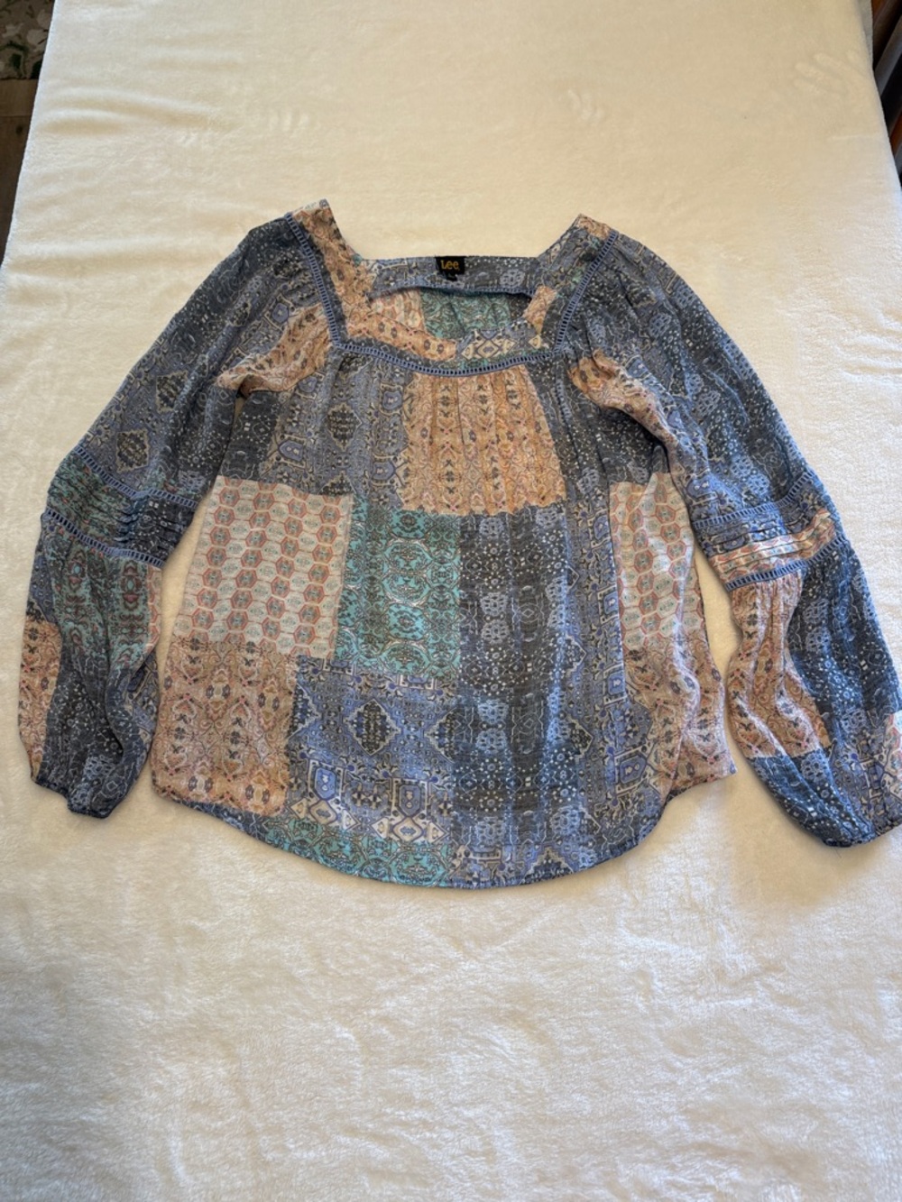 Lee Bohemian Patchwork Square-Neck Peasant Blouse in Blue, Tan & Mint
